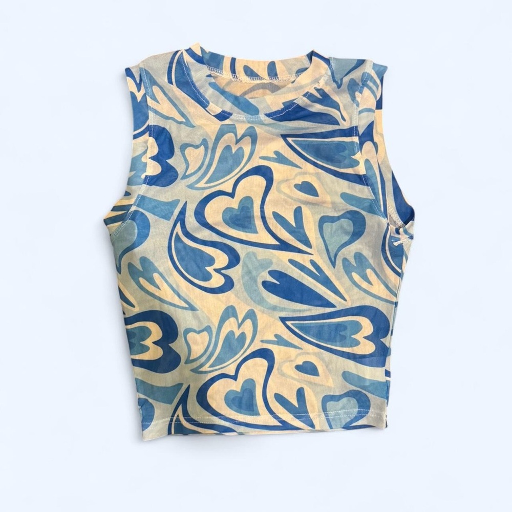 Blue and Cream Heart Patterned Going Out Top